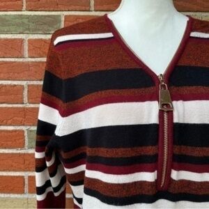 🍁 Allison Brittney Striped Zip Front 3/4 Sleeve White Black Red Sweater Dress